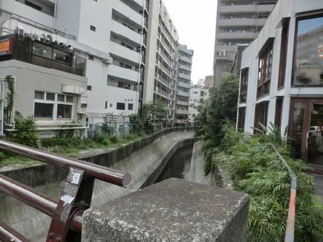 渋谷川がビル横に流れています