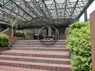 入り口前に階段があり、両脇に緑があります